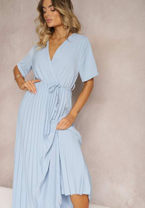 Niebieska Rozkloszowana Sukienka Plisowana z Wiązanym Paskiem Eilemona