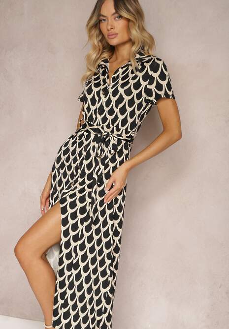 Czarno-Beżowa Sukienka o Koszulowym Kroju z Paskiem w Talii Wranea