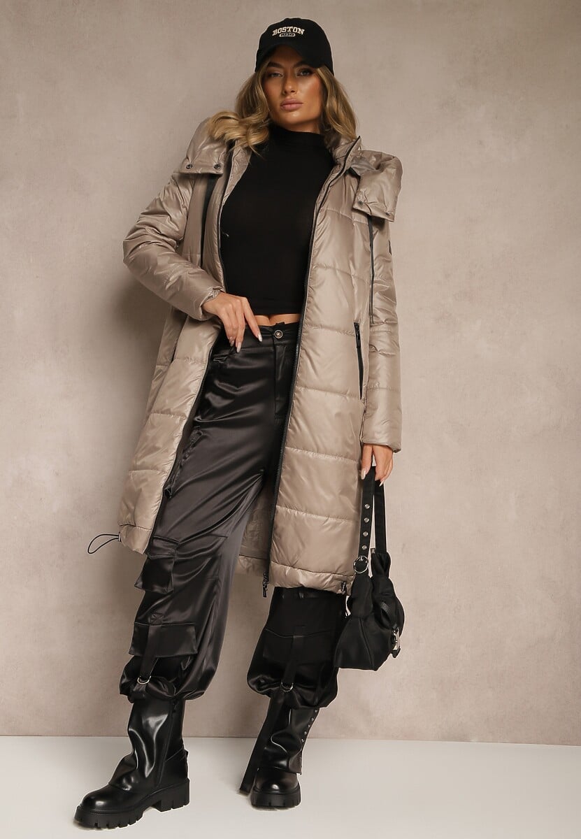 Jasnobrązowa Kurtka z Pikowanymi Przeszyciami i Ściągaczami po Bokach Balinne