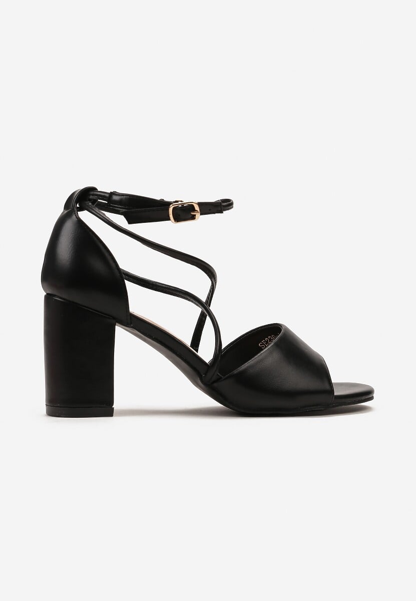 Czarne Sandały z Ekoskóry na Słupku z Otwartym Noskiem Stellina