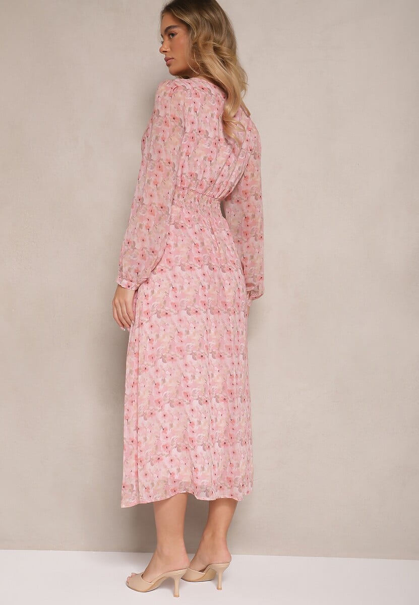 Różowa Sukienka w Kwiaty o Rozkloszowanym Kroju z Wiązaniem i Rozcięciem Telianis