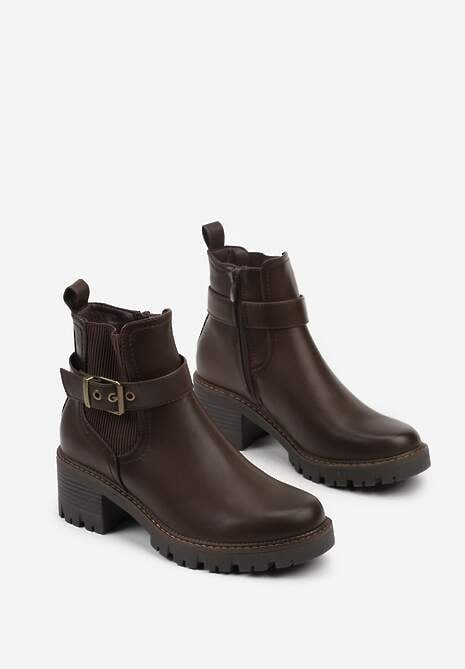 Brązowe Botki w Stylu Sztybletów na Niskim Obcasie z Paskiem ze Sprzączką Lathorie