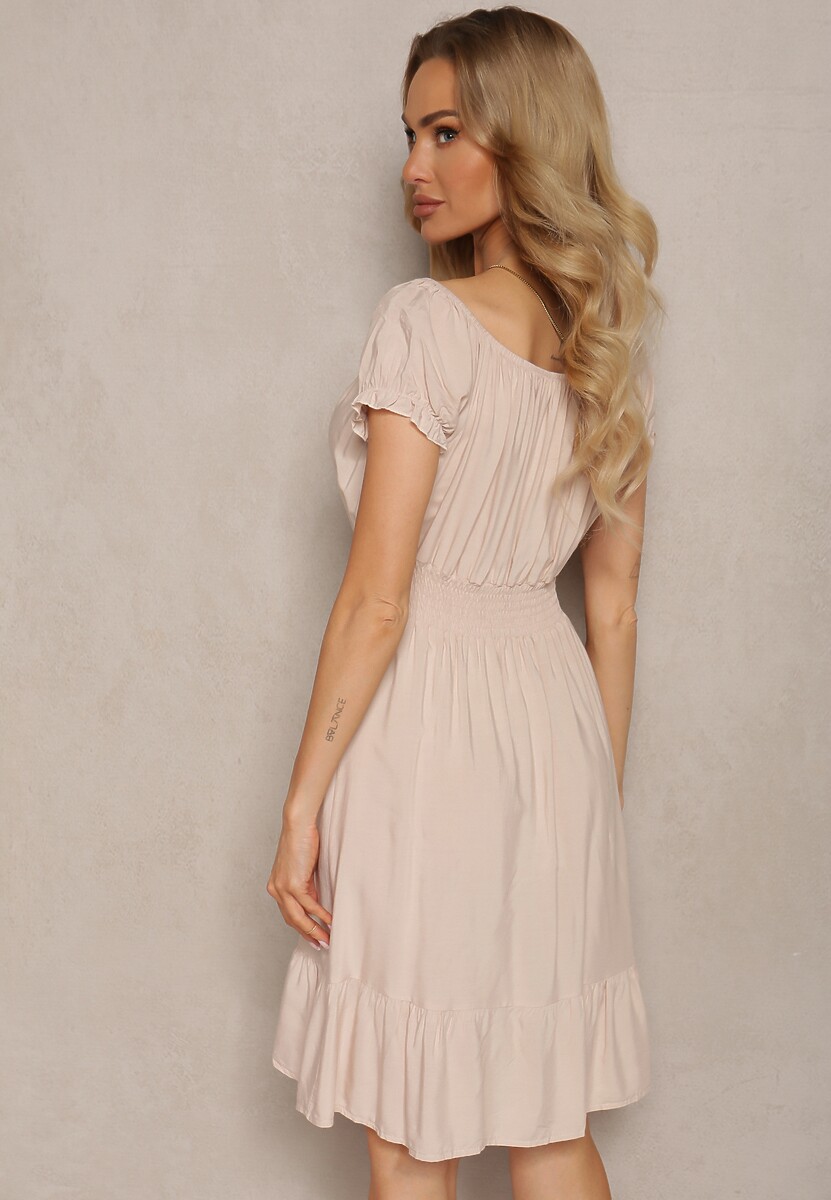 Beżowa Sukienka z Wiskozy z Gumkami w Talii i Dekoltem ze Ściągaczem Tiimazela