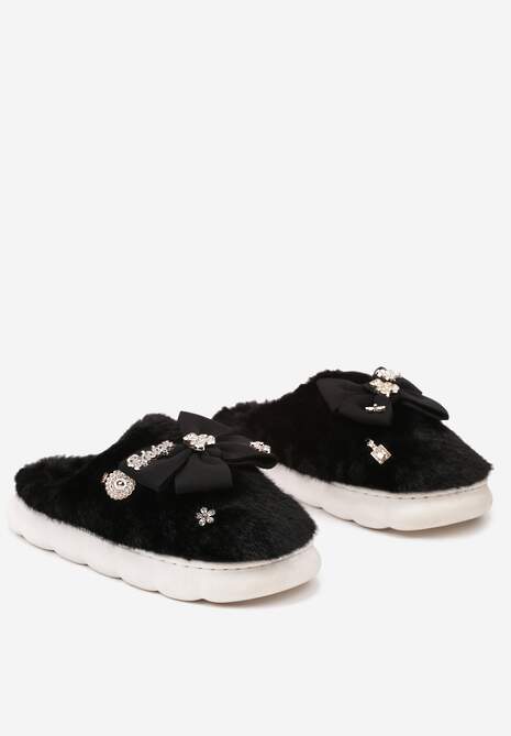 Czarne Kapcie na Płaskiej Podeszwie z Futerkiem Kokardą i Cyrkoniami Mianoria