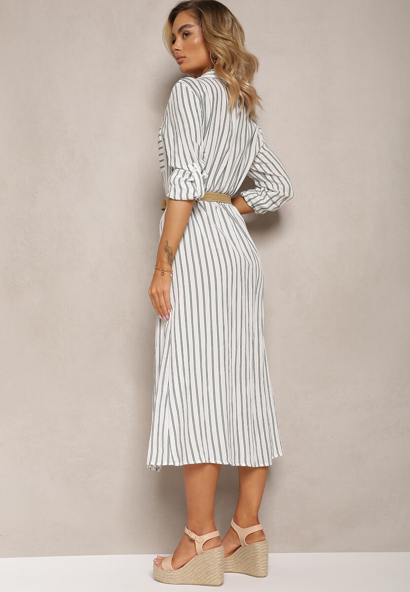 Biało-Zielona Koszulowa Sukienka Midi w Paski z Lnem i Plecionym Paskiem Efordia