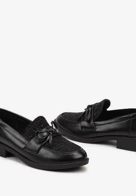 Czarne Mokasyny na Płaskiej Podeszwie z Tweedowym Noskiem z Metaliczną Nicią i Kokardką Virorae