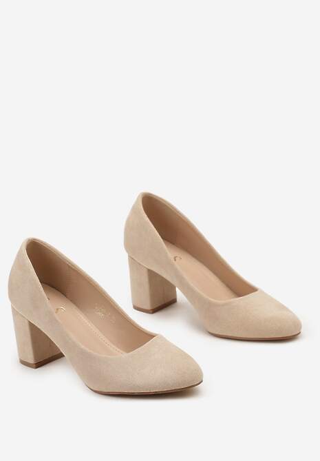 Beżowe Czółenka z Imitacji Zamszu z Metaliczną Wstawką na Obcasie Maerys