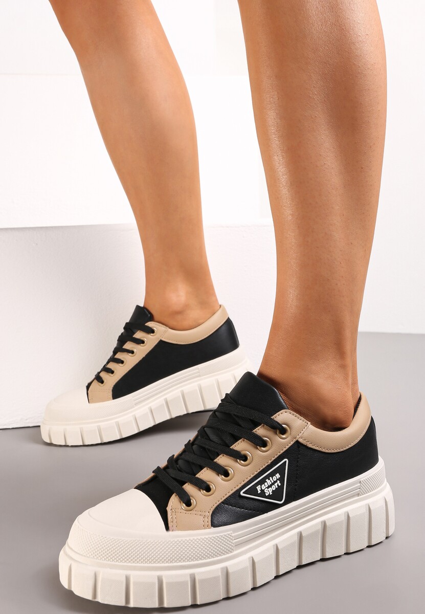 Czarne Trampki na Platformie z Przeszyciami i Sznurowaniem Anaiza