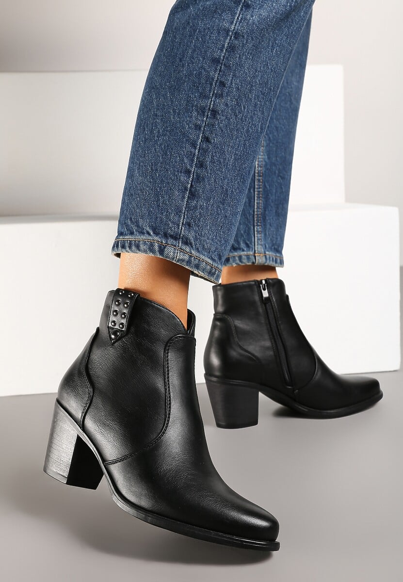 Czarne Botki na Słupku w Stylu Kowbojek z Ozdobnymi Napami Elzinna