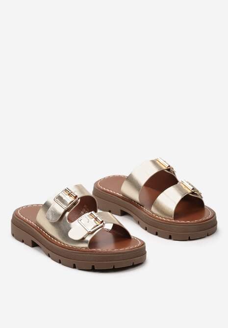 Złote Klapki z Grubą Podeszwą i Paskami ze Sprzączkami Myrthalia