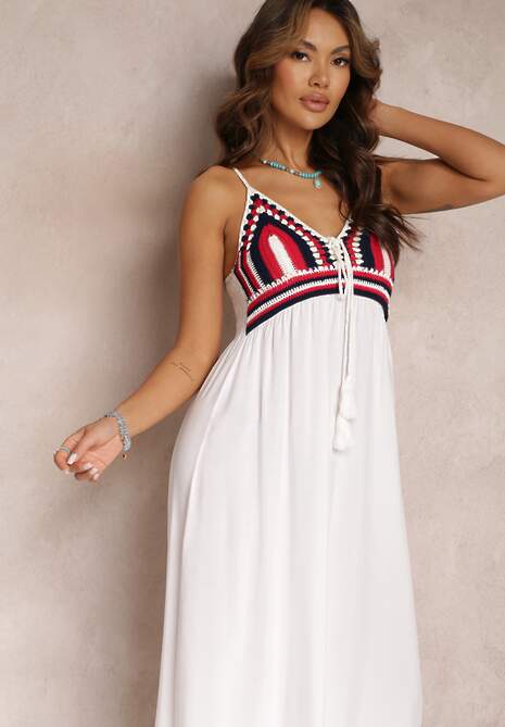 Biała Bawełniana Sukienka Maxi z Szydełkową Górą i Gumkami na Plecach Jennesia