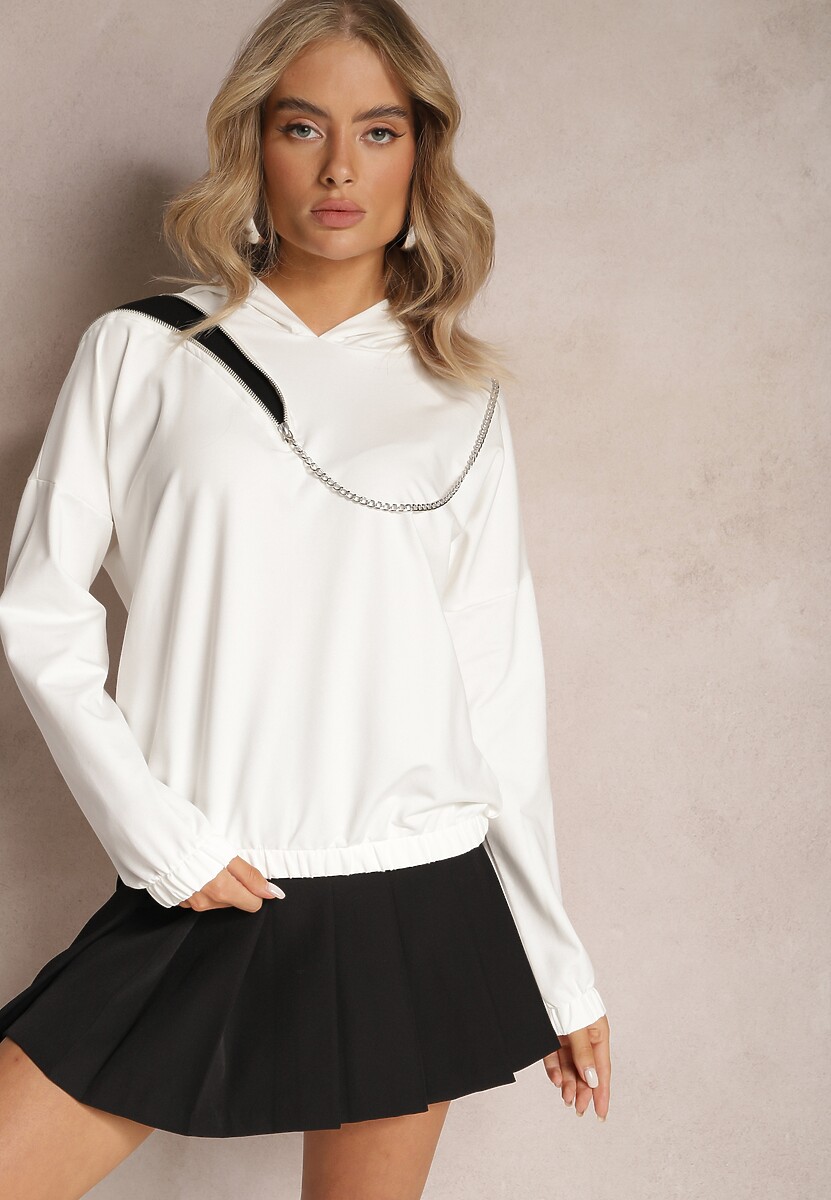 Beżowa Asymetryczna Bluza z Bawełny z Kapturem i Ozdobnym Suwakiem Lueur