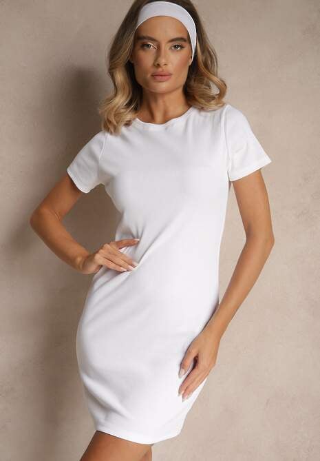Biała Dopasowana Sukienka z Bawełny z Prążkowanej Dzianiny Ralevia