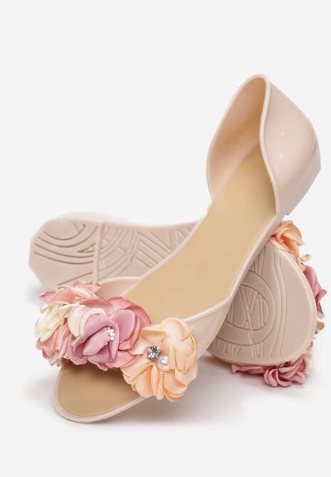 Beżowe Balerinki Meliski Peep Toe z Kwiatową Aplikacją Idalina