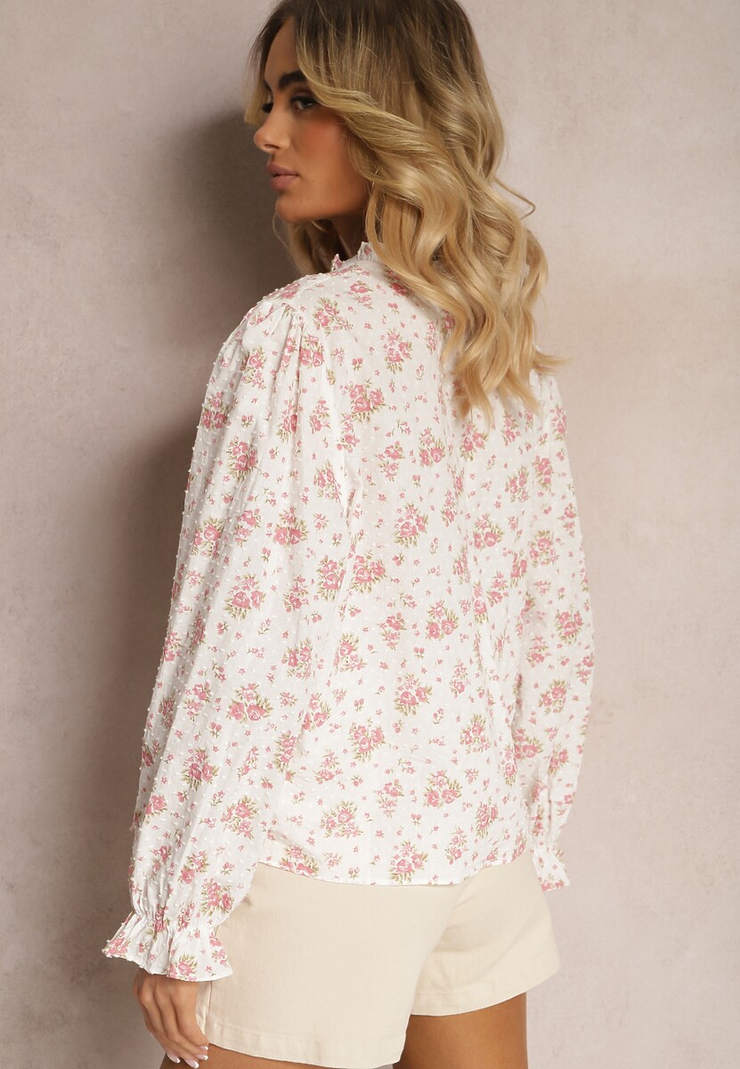 Biało-Różowa Koszula z Bawełny Wiązana pod Szyja w Kwiatowy Print Hettena