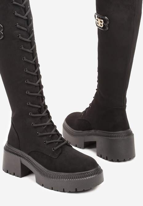 Czarne Kozaki Vices z Imitacji Zamszu w Stylu Grunge ze Sznurowaną Cholewką i Platformą Laurotte