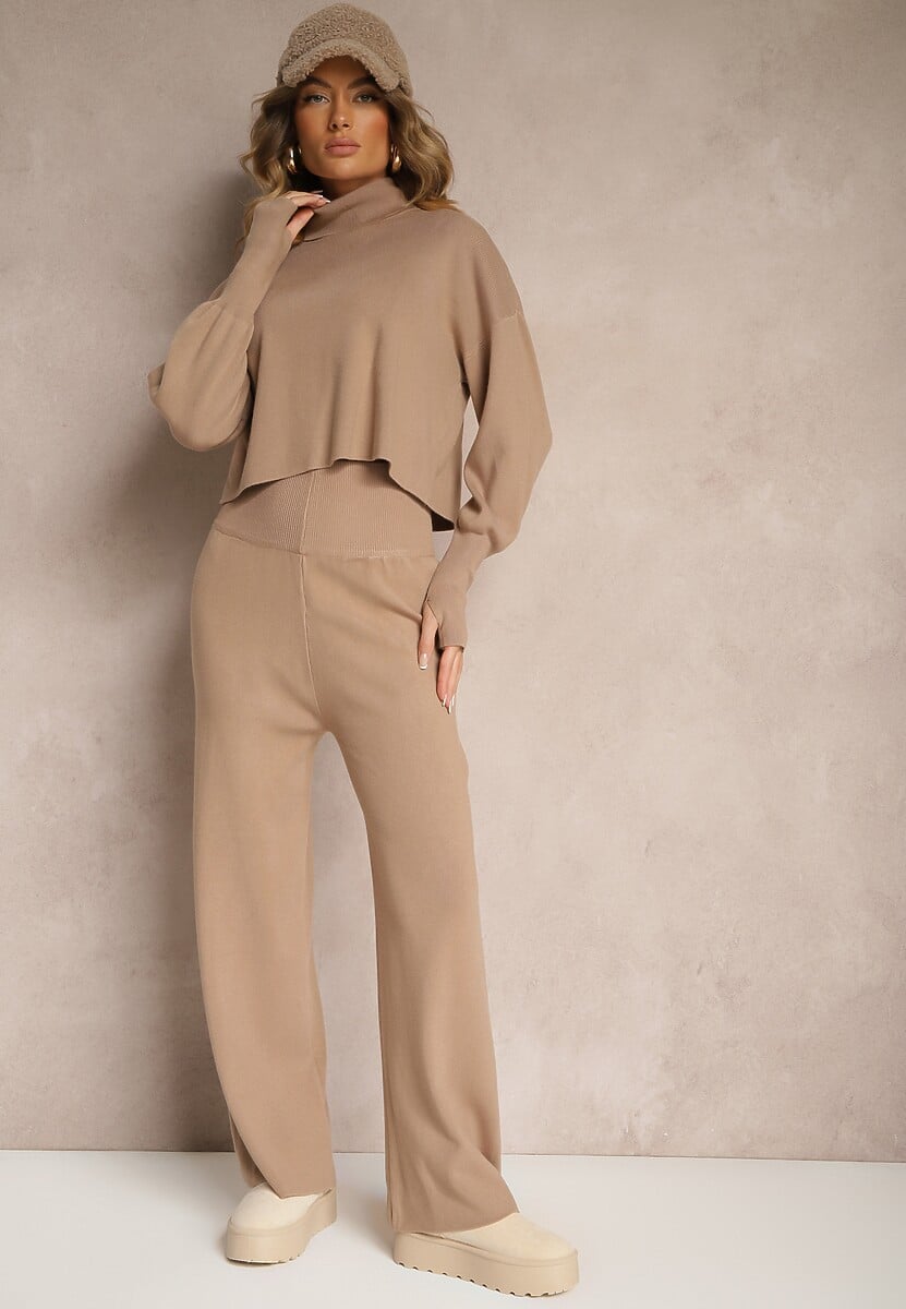 Czarny Komplet Dzianinowy z Wiskozą Spodnie o Szerokim Kroju Góra z Golfem Norathira