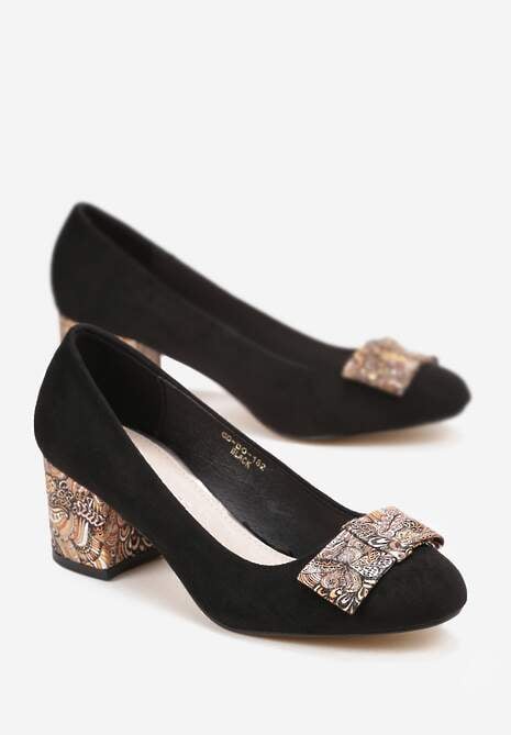 Czarne Czółenka z Imitacji Zamszu Ozdobione Printem na Słupku Emmalla