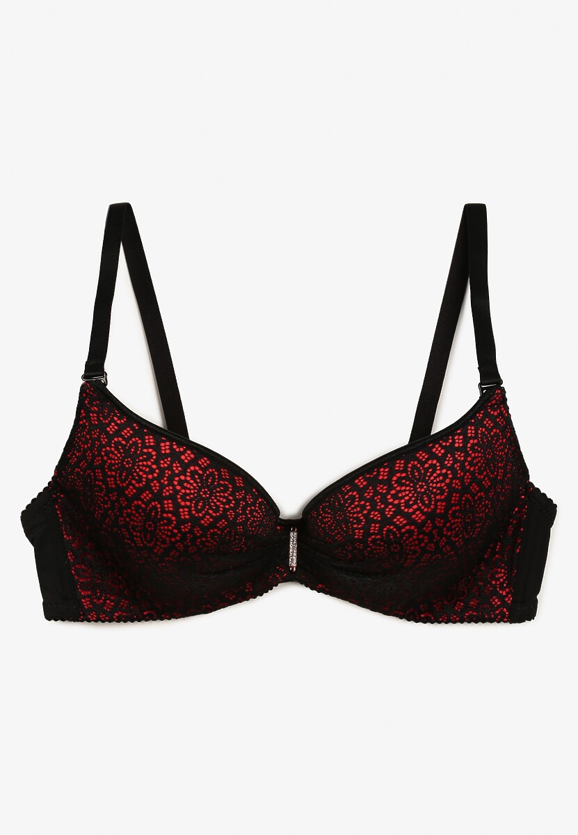 Czarno-Czerwony Biustonosz  Full Cup Ozdobiony Koronką i Małą Zawieszką z Cyrkonii Nedolse