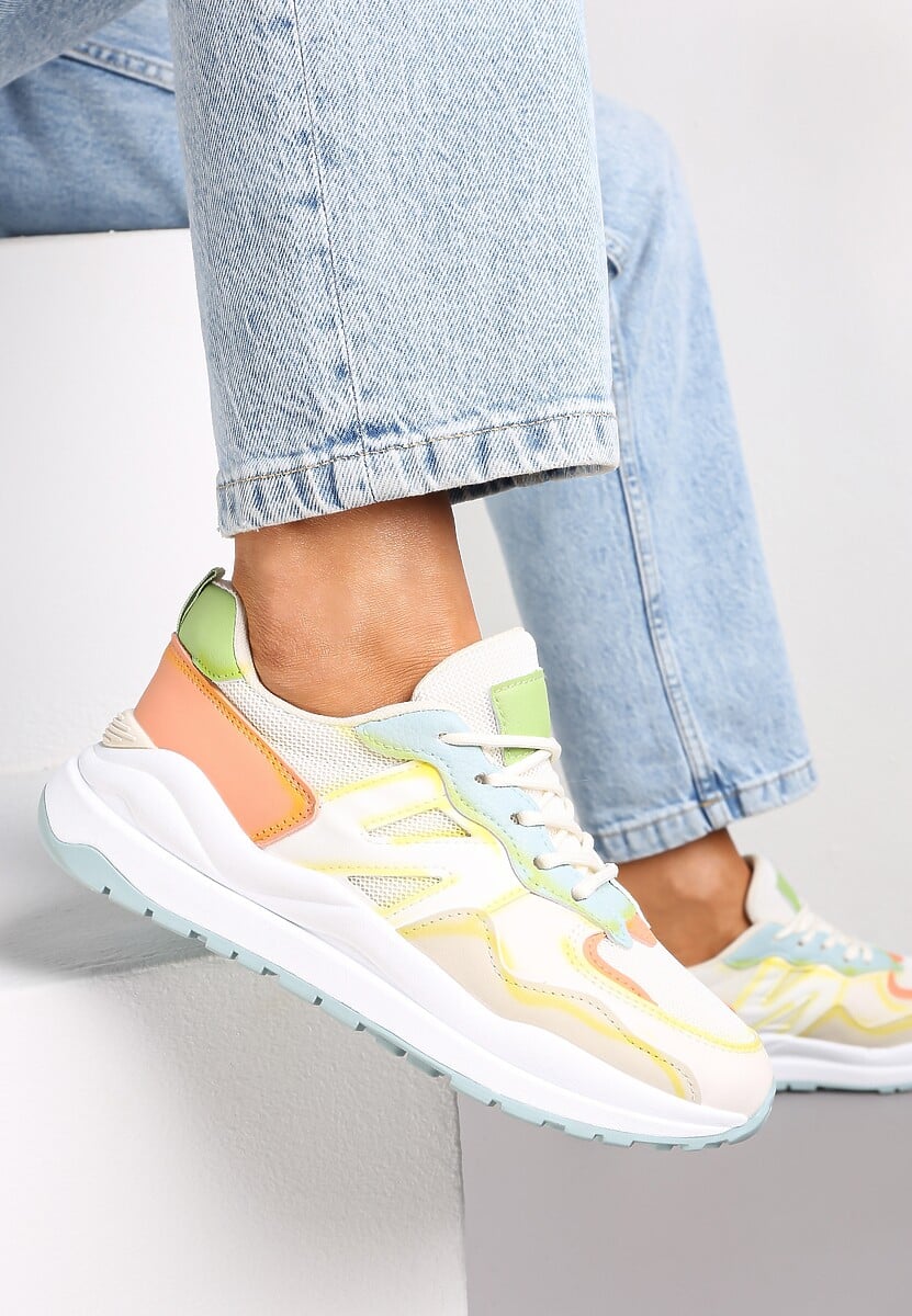 Biało-Pomarańczowe Sneakersy Przed Kostkę Zdobione Przeszyciami Flallesi