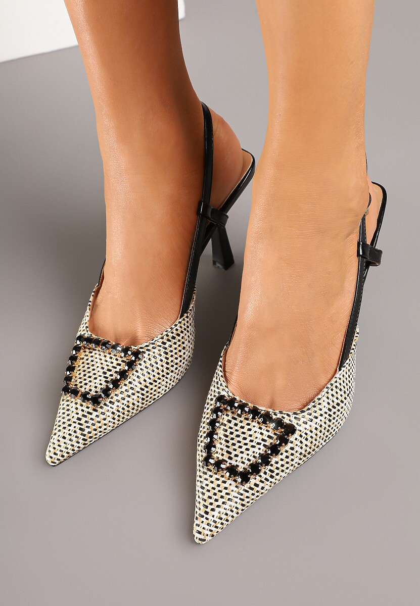 Beżowo-Czarne Szpilki z Odkrytą Piętą Plecioną Cholewką i Metaliczną Ozdobą Neltina