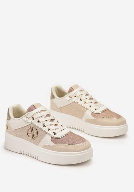 Beżowe Sneakersy z Metalicznymi Wstawkami i Brokatem na Grubej Podeszwie Xaneta