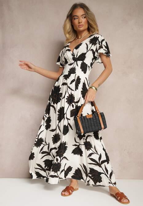 Czarna Sukienka z Wiskozy w Kwiatowy Wzór Corinea