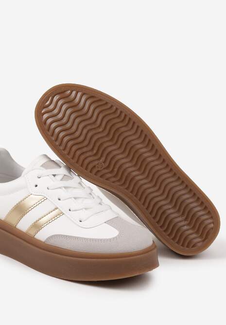 Biało-Złote Klasyczne Sneakersy Tenisówki na Niskiej Platformie Denirla