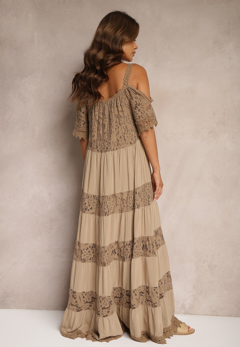 Brązowa Koronkowa Sukienka z Wiskozą o Rozkloszowanym Kroju na Ramiączkach Leris