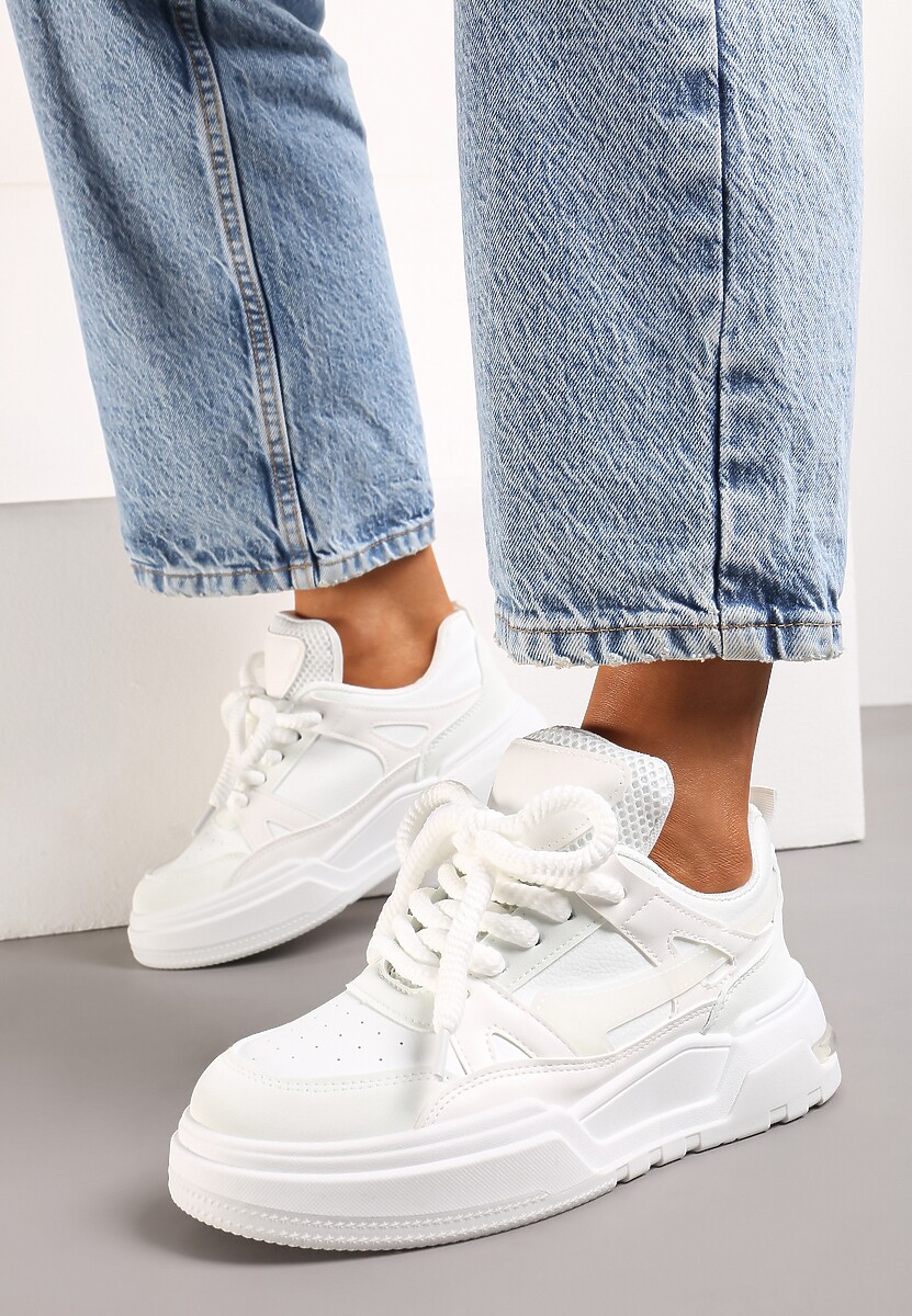 Białe Płaskie Casualowe Sneakersy ze Sznurowaniem i Transparentnym Elementem z Tyłu Gamarie