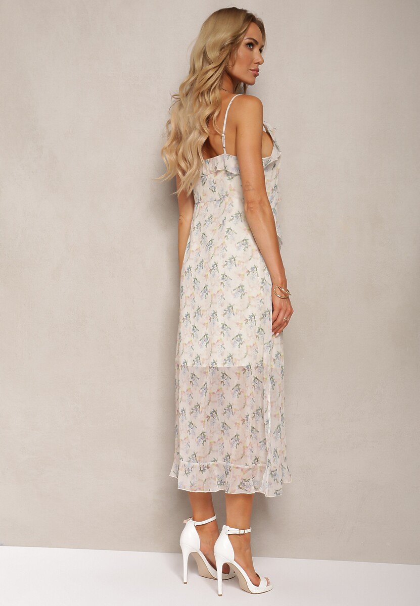 Beżowo-Zielona Sukienka na Ramiączkach z Trójkątnym Dekoltem i Ozdobnymi Falbankami Rieviana