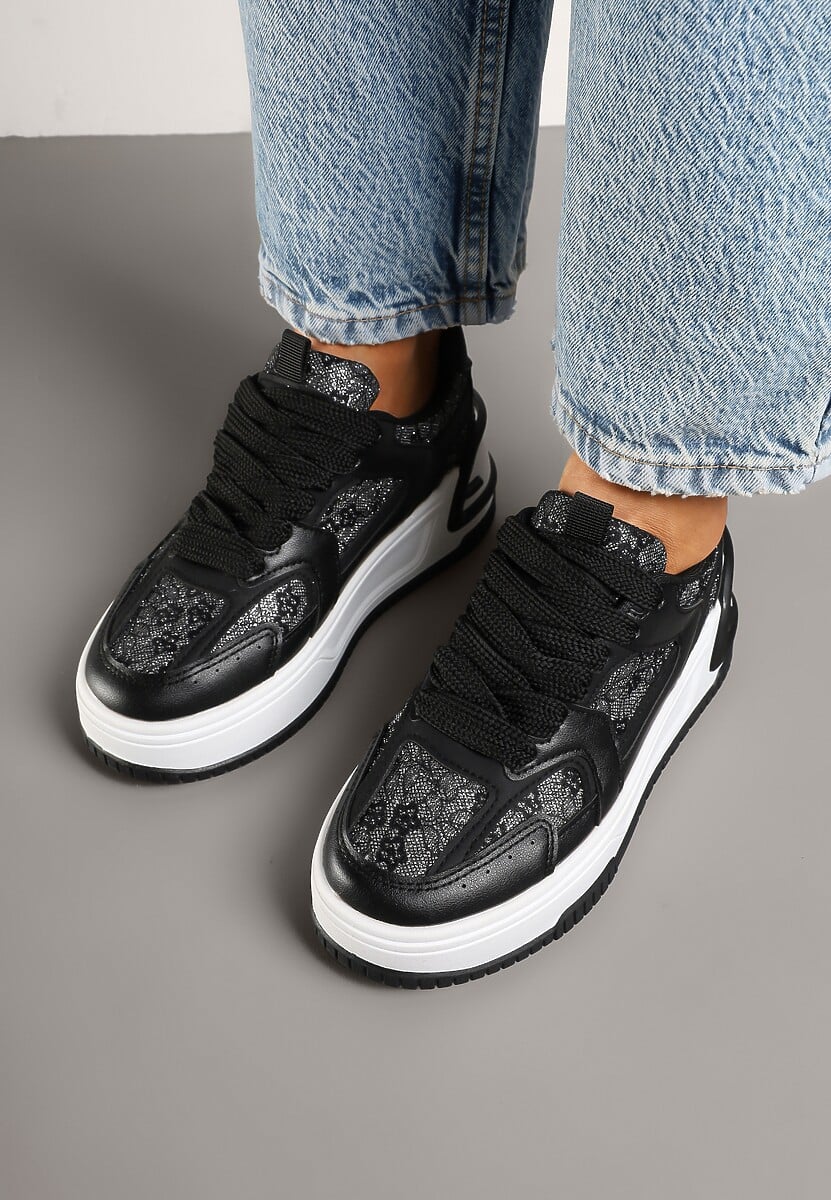 Czarne Sneakersy z Brokatowymi Zdobieniami na Platformie Deovirae