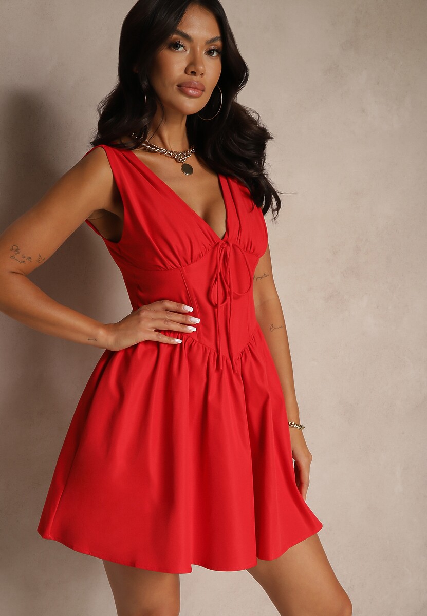 Czerwona Rozkloszowana Sukienka Vices Bez Rękawów Zdobiona Kokardką Folawenna