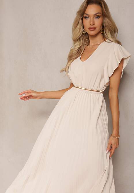 Beżowa Rozkloszowana Sukienka z Plisami Maxi z Falbankami przy Ramionach Nethula