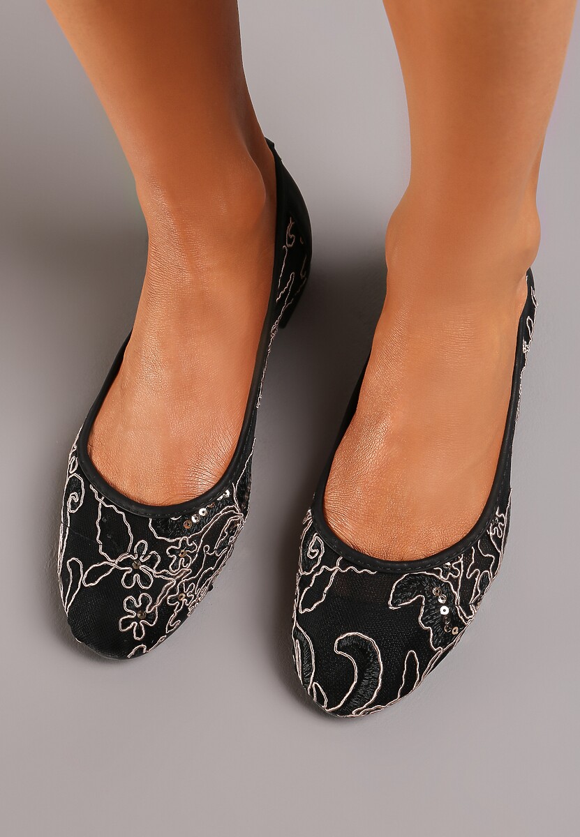 Czarne Balerinki z Przeszyciami Ozdobione Cekinami Vellamira