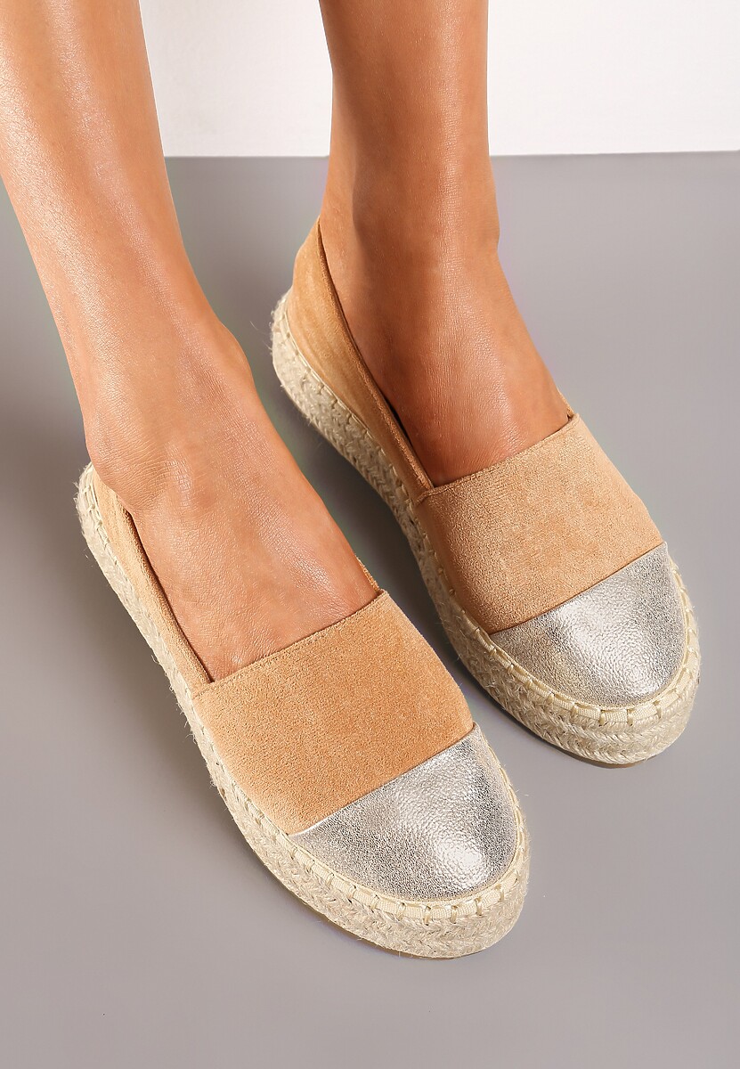 Brązowe Espadryle z Brokatowym Noskiem i Plecioną Podeszwą Plaora