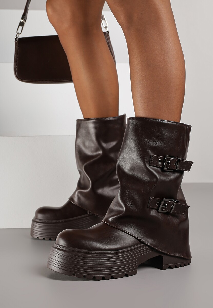 Ciemnobrązowe Botki Biker Vices z Wywiniętą Cholewką Platformą i Klamrami Reinila