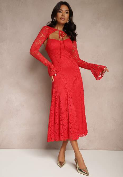 Czerwona Rozkloszowana Sukienka z Koronki z Dodatkowym Bolerkiem Gonavora