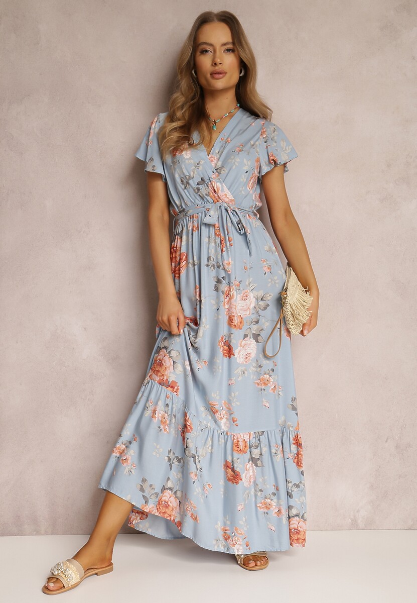 Jasnoniebieska Sukienka w Kwiaty o Kopertowym Kroju z Wiązanym Paskiem Iphene