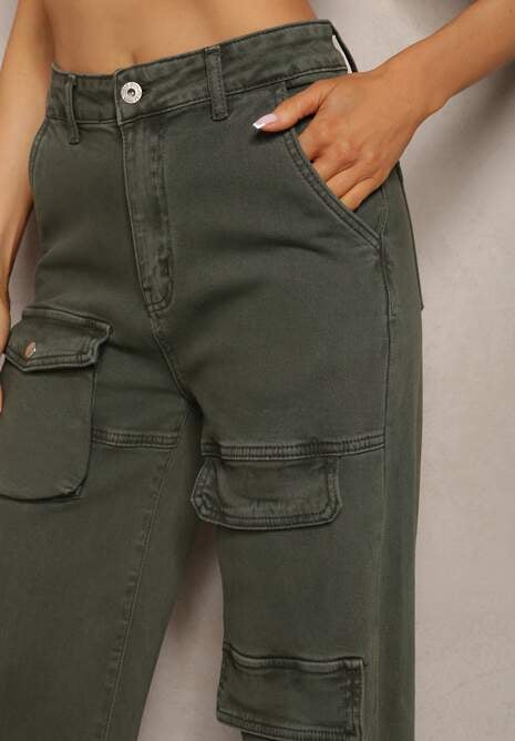Ciemnozielone Bawełniane Spodnie Bojówki z Prostymi Nogawkami i Kieszeniami z Klapami Aranduil