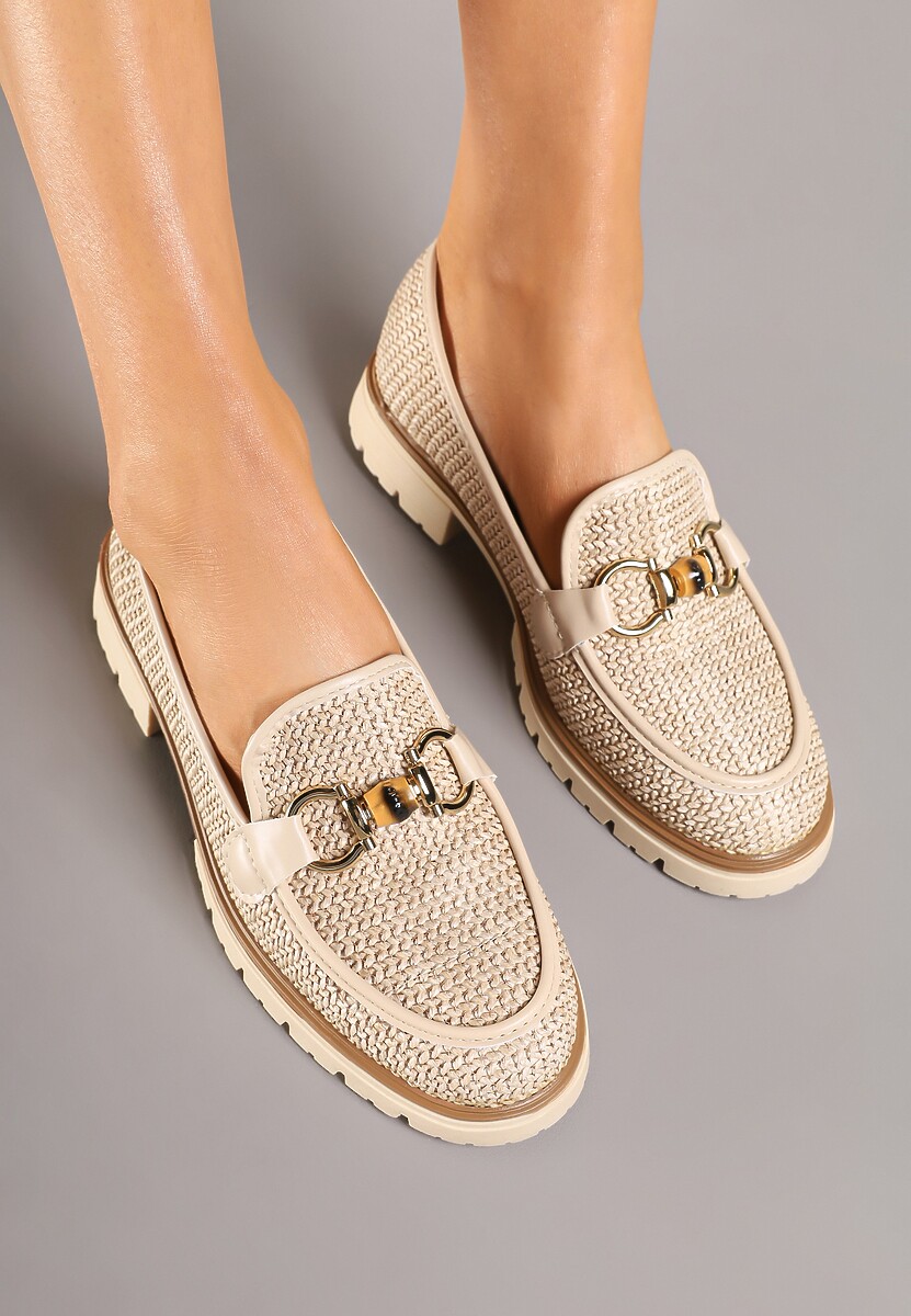 Beżowe Mokasyny z Plecionki z Ozdobną Aplikacją w Kształcie Łańcuszka Faneolyn