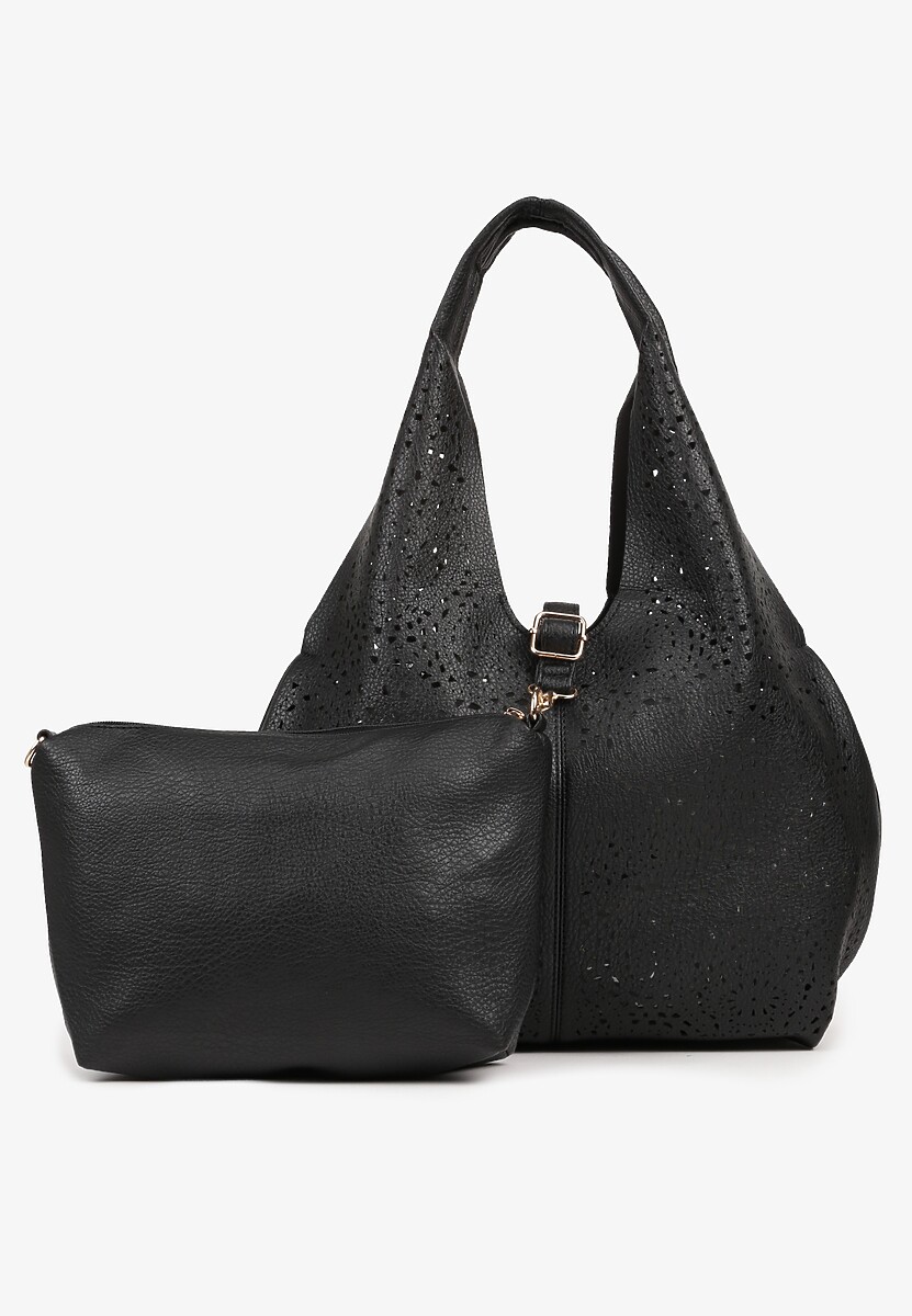 Beżowa Torebka Hobo Zdobiona Ażurową Perforacją z Dodatkową Saszetką Frolana