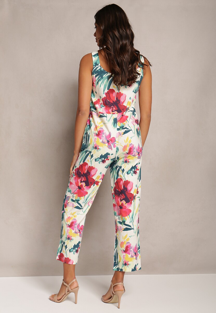 Beżowy Bawełniany Kombinezon w Kwiatowy Print z Kieszeniami na Wiązanych Ramiączkach Beyla