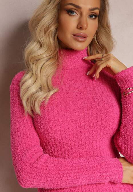 Fuksjowa Sweterkowa Sukienka Mini w Prążki z Wełną Klonxe