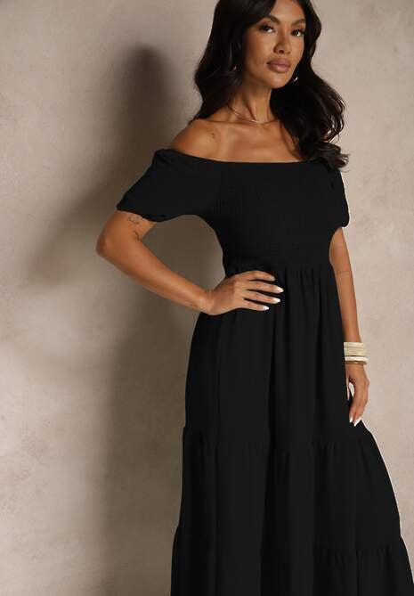 Czarna Sukienka Hiszpanka z Marszczoną Górą Lumirielle