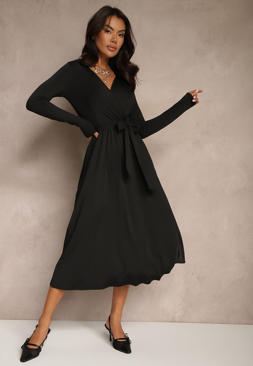 Czarna Taliowana Sukienka z Paskiem z Domieszką Wiskozy Hrestalia