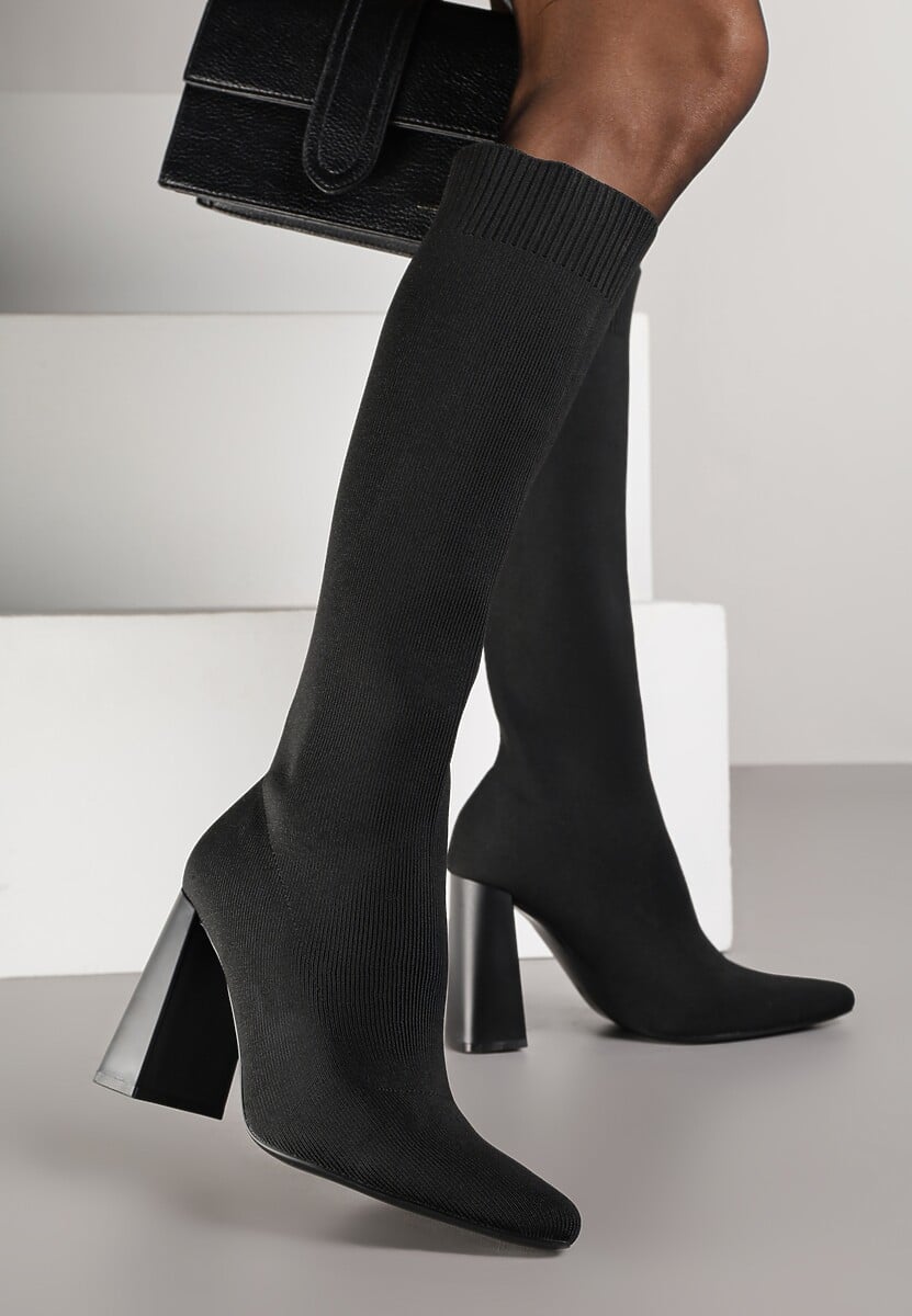 Brązowe Kozaki VICES na Słupku ze Skarpetkową Cholewką Zevona