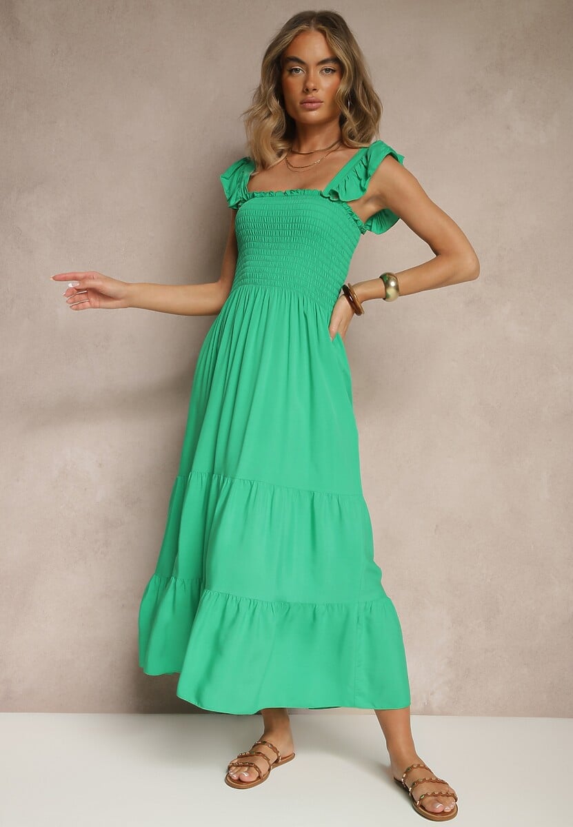 Fuksjowa Sukienka z Bawełny na Ramiączkach Ozdobiona Falbanami i Gumkami Mevalys