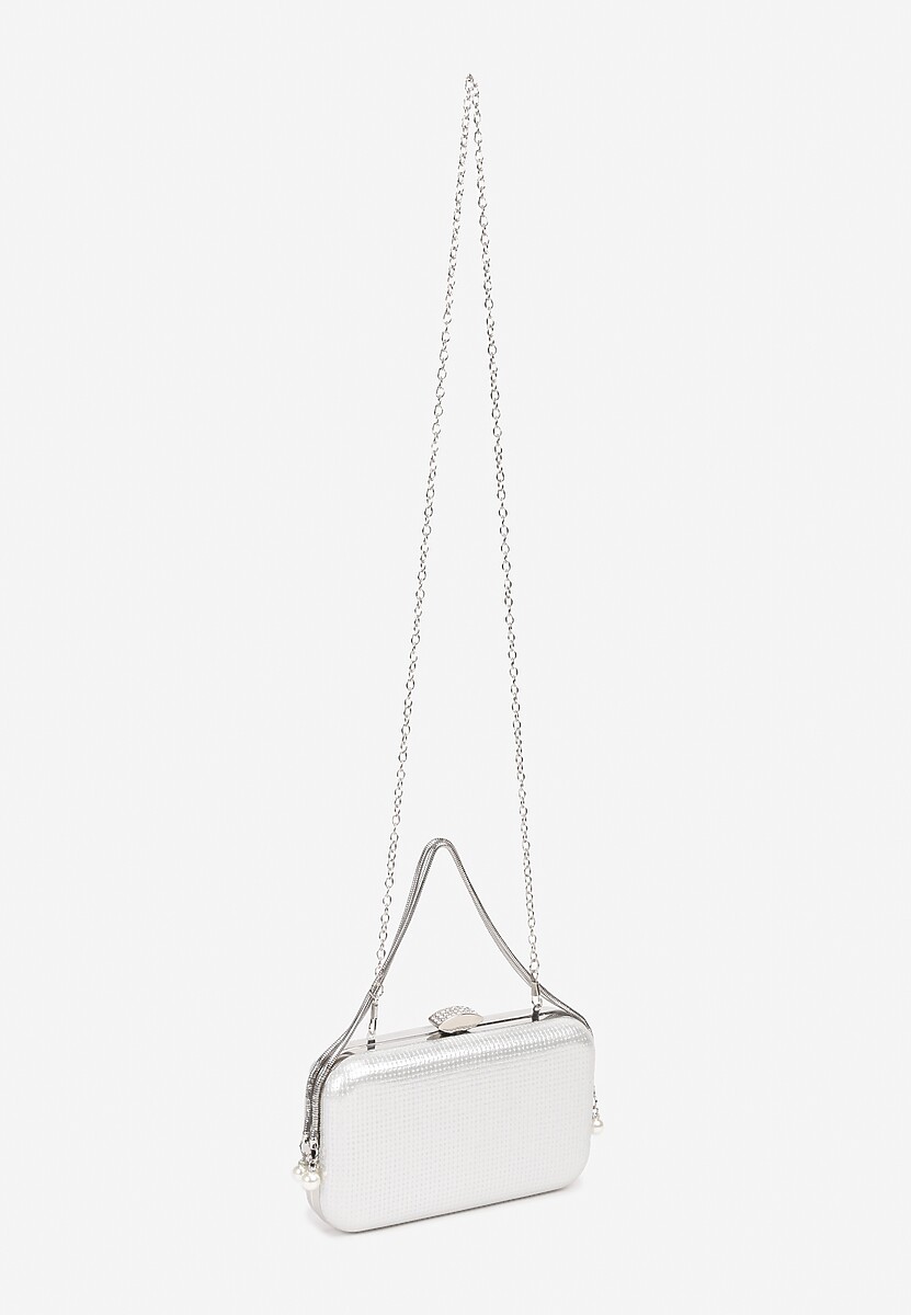 Srebrna Mała Torebka Kopertówka na Ramię z Łańcuszkiem Rączką i Perełkami Nellissa
