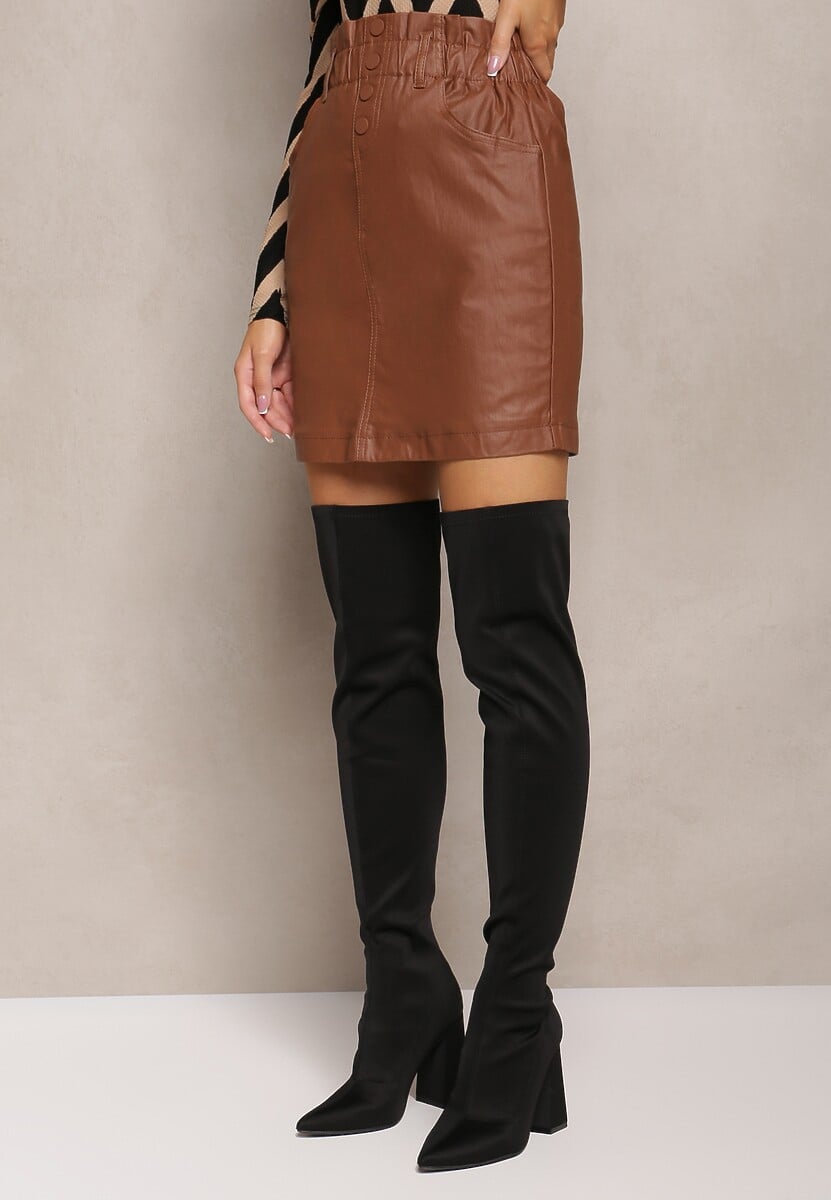 Brązowa Spódnica z Ekoskóry z Ozdobnie Marszczoną Talią Selja